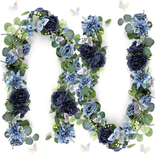 2 Pack Eucalyptus Garland with Flowers 5.9FT – Navy Blue Rose Floral Garland with Butterflies, Faux Greenery Vine for Wedding Arch, Table, Backdrop, Centerpiece & Home Decor